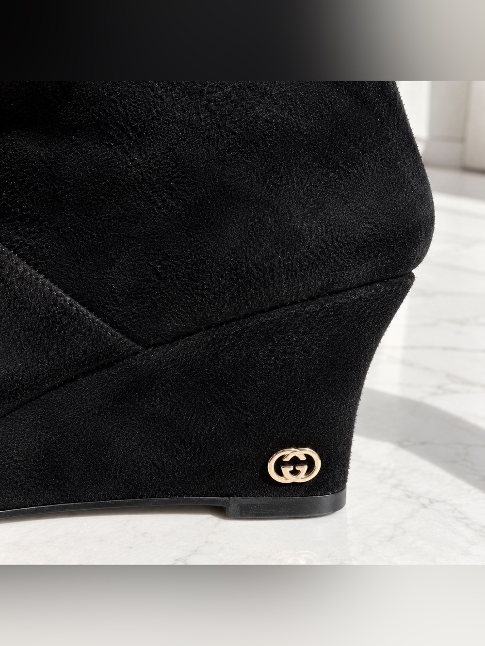 Gucci Black Suede Interlocking GG Knee-High Wedge Boots size 8.5 - Picture 6 of 8